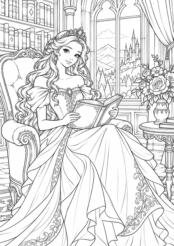 Princess Reading In The Castle Library coloring page