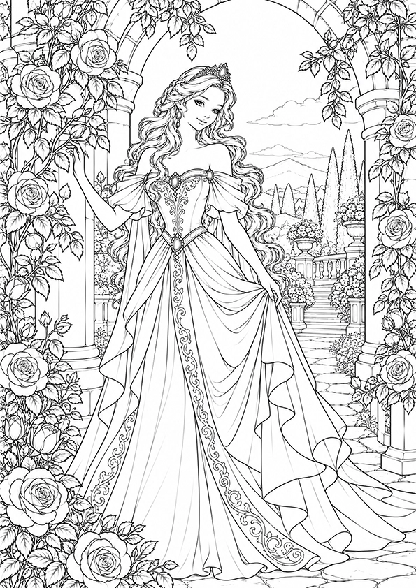 Princess Under A Flower Arch coloring page