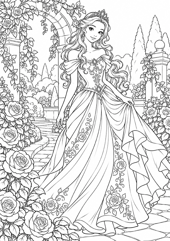 Princess Walking Through A Rose Garden coloring page