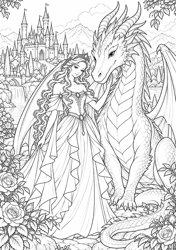 Princess With A Dragon coloring page