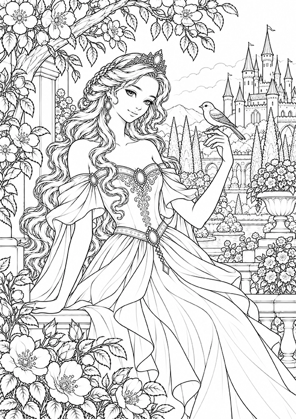 Princess With A Little Bird coloring page
