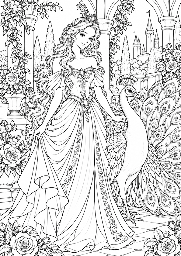 Princess With A Peacock coloring page