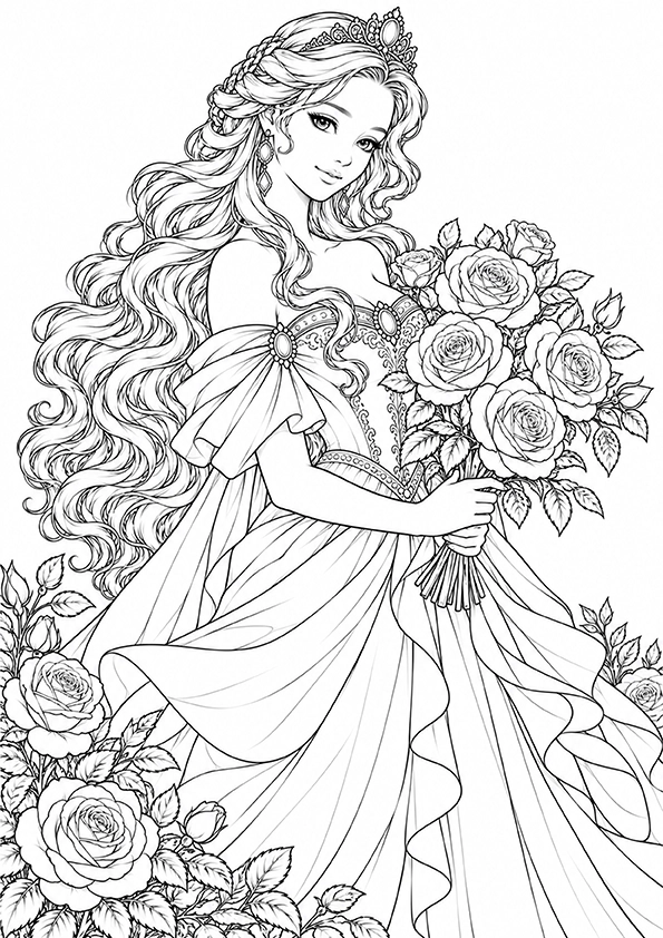 Princess With A Rose Bouquet coloring page