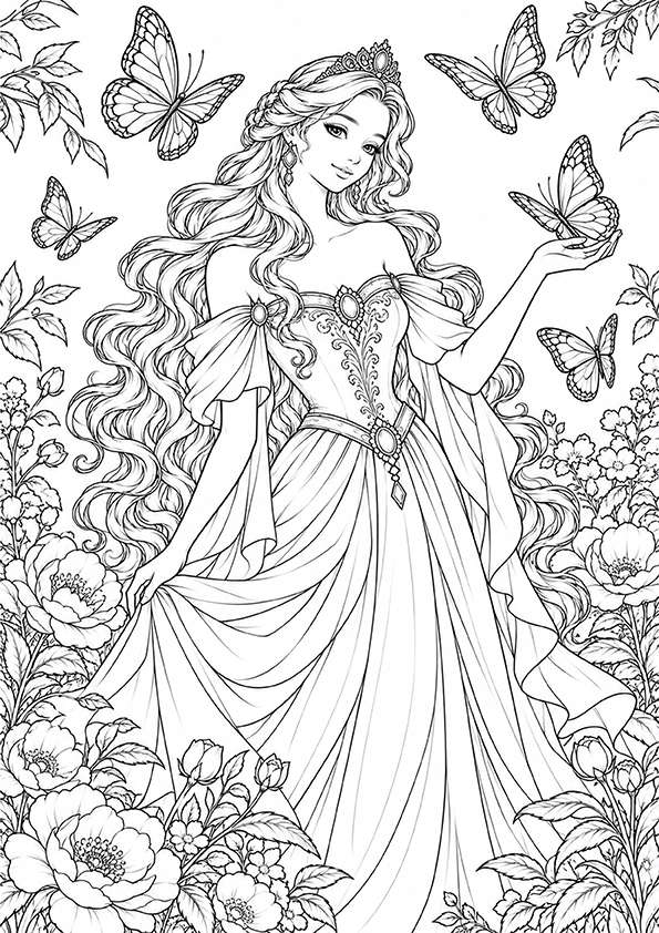 Princess With Butterflies coloring page