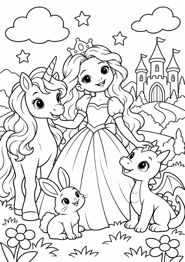 Princess And Her Magical Friends coloring page