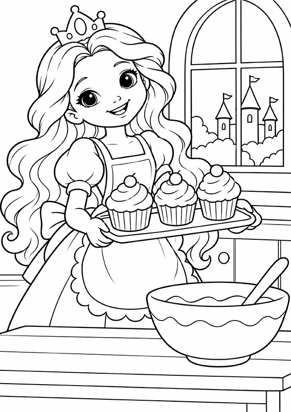 Princess Baking Cupcakes coloring page