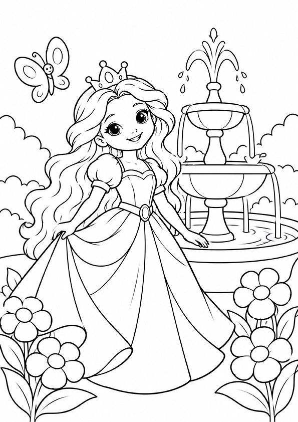 Princess Beside A Fountain coloring page