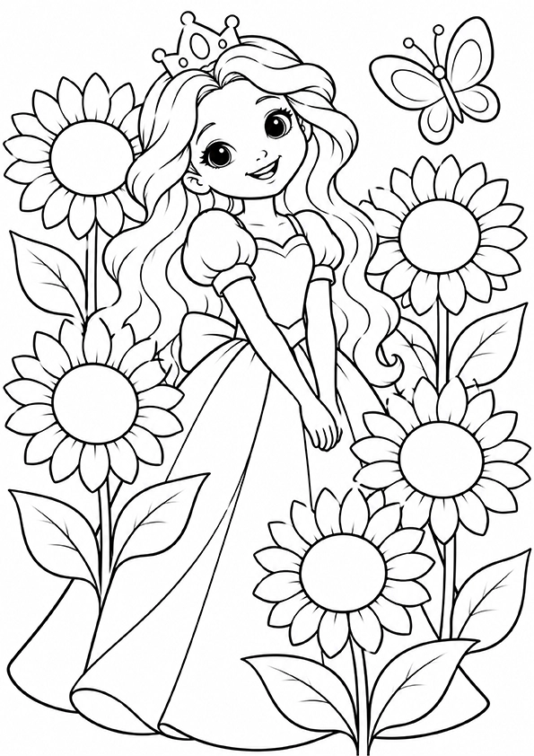 Princess In A Sunflower Garden coloring page