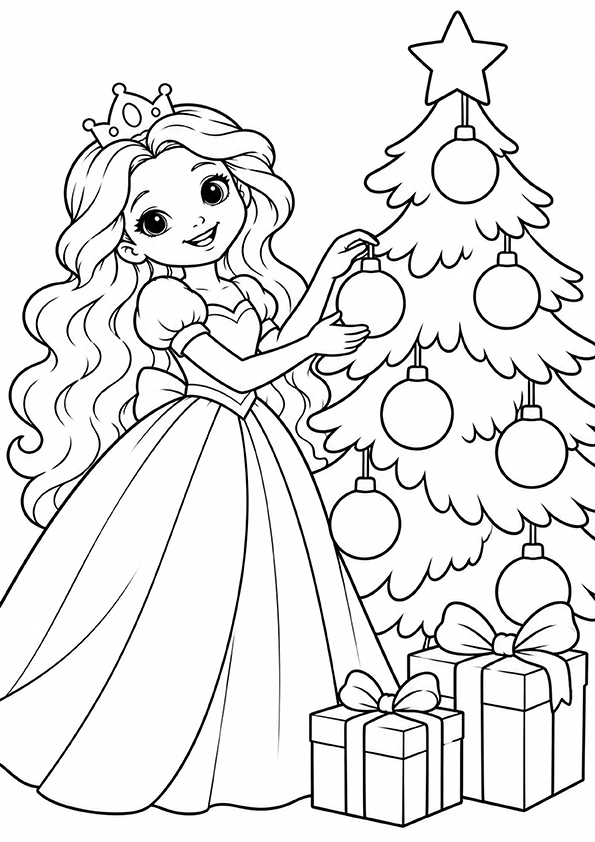 Princess hanging an ornament on a Christmas tree with presents below.