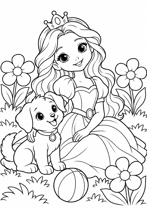 Princess With A Cute Puppy coloring page