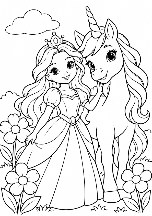 Princess With A Unicorn coloring page