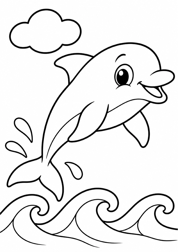 Smiling dolphin jumping above ocean waves with a cloud