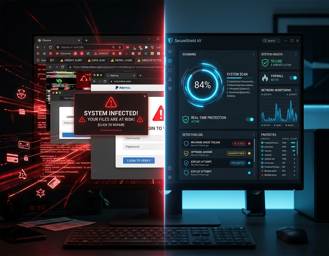 Antivirus extension vs desktop antivirus comparison showing browser threats and full system protection