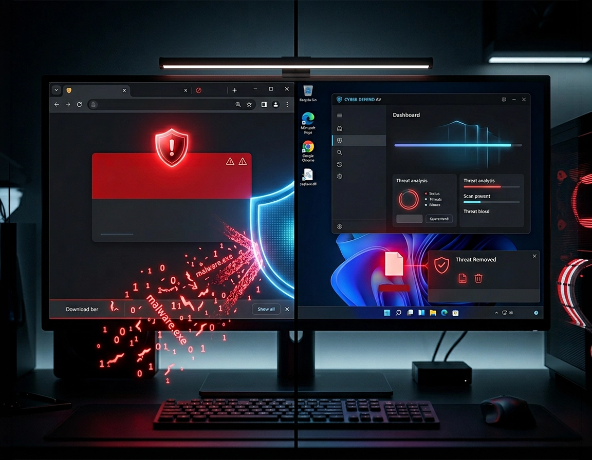 Antivirus vs Chrome browser protection comparison showing malware detection and blocked downloads