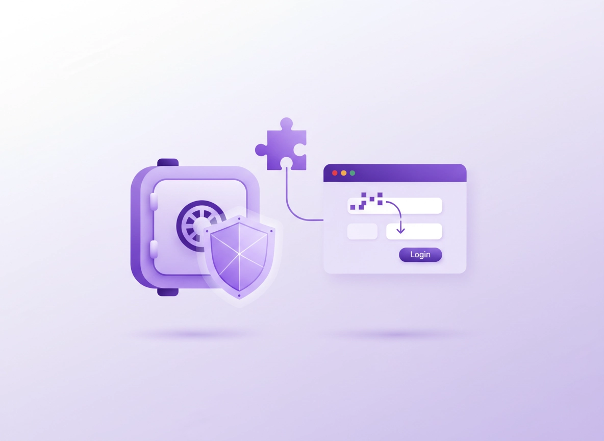 Chrome password manager safety illustration showing a vault, encryption shield, a Chrome extension puzzle piece, and secure sign-in controls in a clean purple ChromeThemer style.