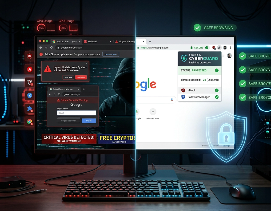 Chrome browser security illustration showing phishing warnings, malicious download checks, extension review, and layered antivirus protection.