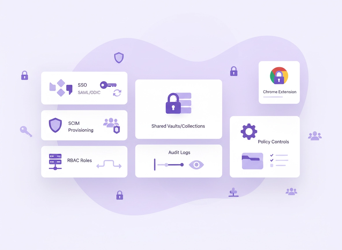 Modern illustration of an enterprise password manager dashboard with Chrome extension, SSO, policy controls, shared vaults, audit logs, and secure access icons in a purple ChromeThemer style.