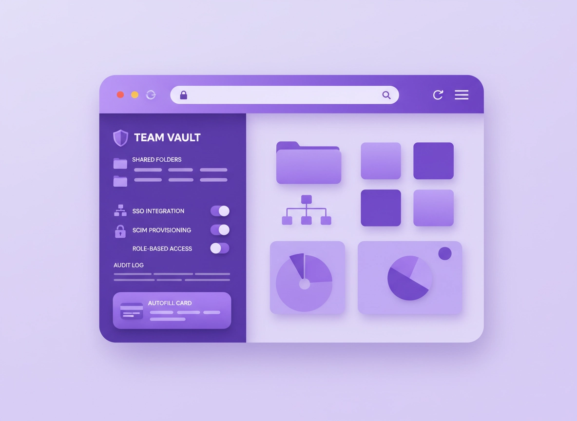 Business password manager workflow illustration in Chrome: team vault, admin policy controls, SSO, and secure autofill in a clean purple ChromeThemer style.