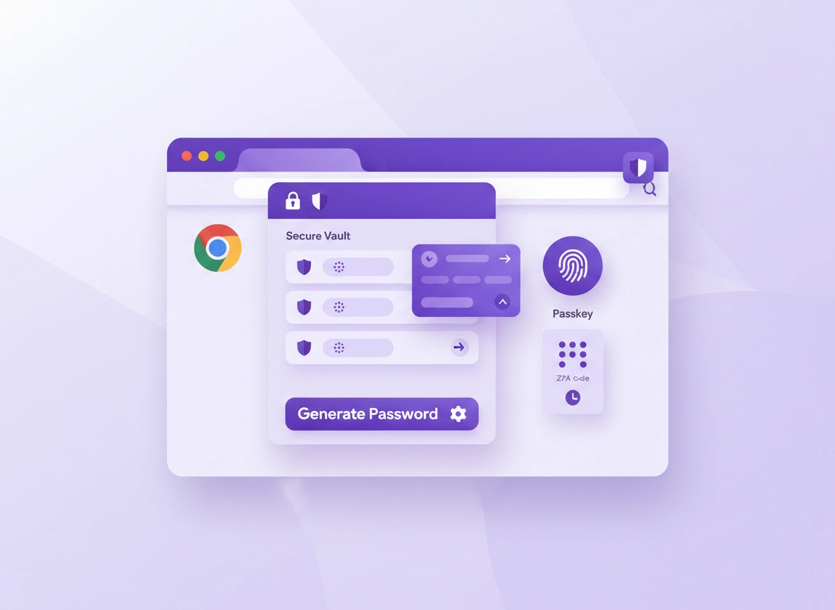 Modern illustration of a Chrome browser with a password vault panel, passkey icon, autofill fields, and security shield elements in a clean purple ChromeThemer style.