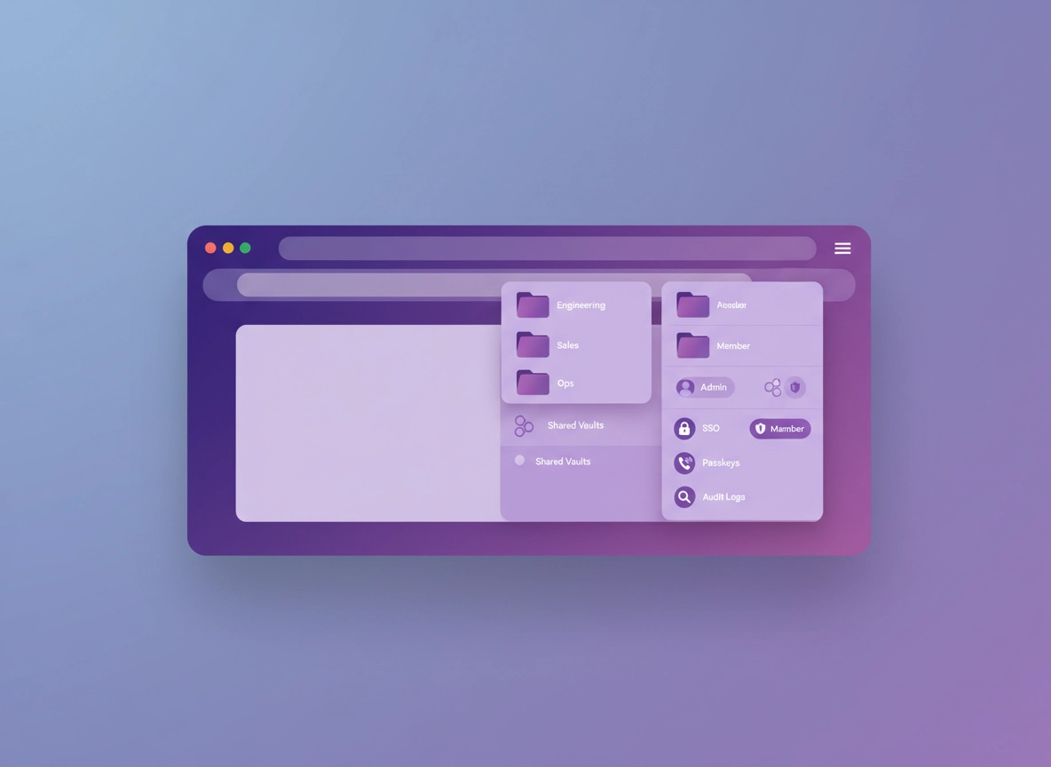 Startup team password manager illustration with shared vault folders, role-based access, SSO and 2FA icons, and a Chrome browser window in a clean purple ChromeThemer style.