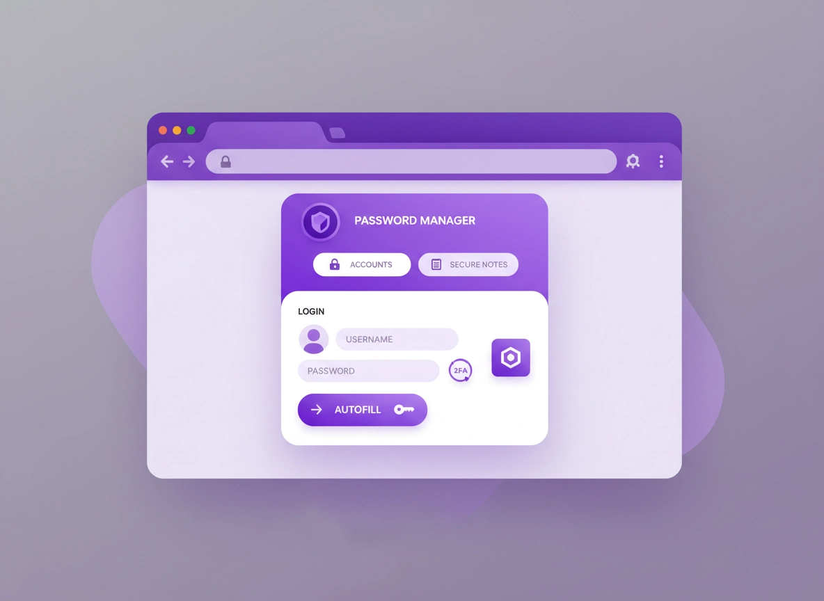 A clean, modern illustration of a Chrome browser window showing a password manager extension popup with autofill, passkey, and secure notes icons in a purple ChromeThemer style.
