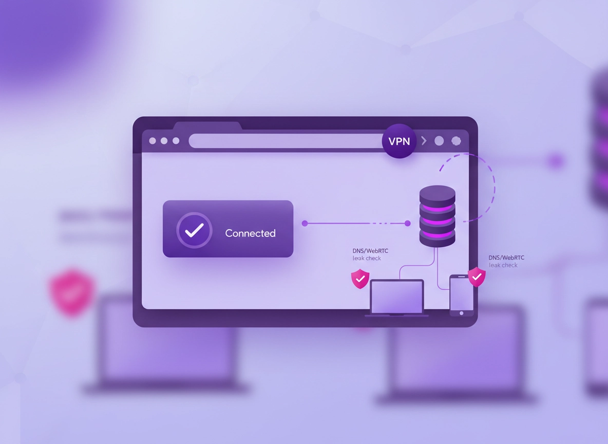 Business VPN for Chrome setup guide showing a VPN extension toggle, team devices, and leak-test shields