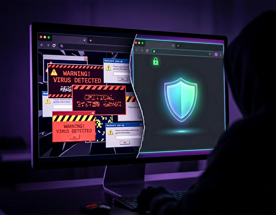 Chrome cleanup illustration showing a browser warning state, extension review panel, shield icons, and repaired security settings in a purple ChromeThemer style.