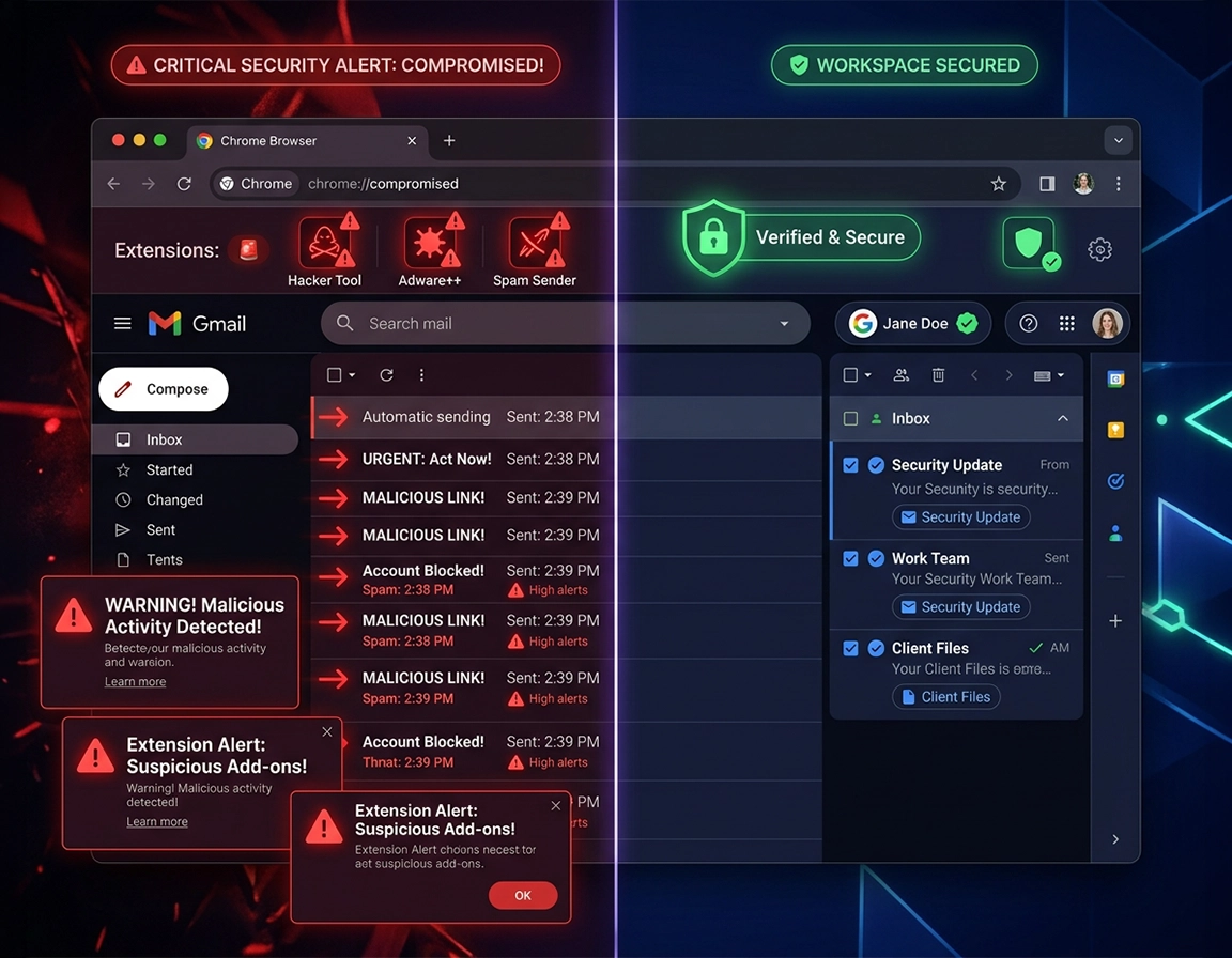Chrome browser security illustration showing suspicious extensions, spam notifications, sign-in alerts, and browser cleanup checks in a purple ChromeThemer style.