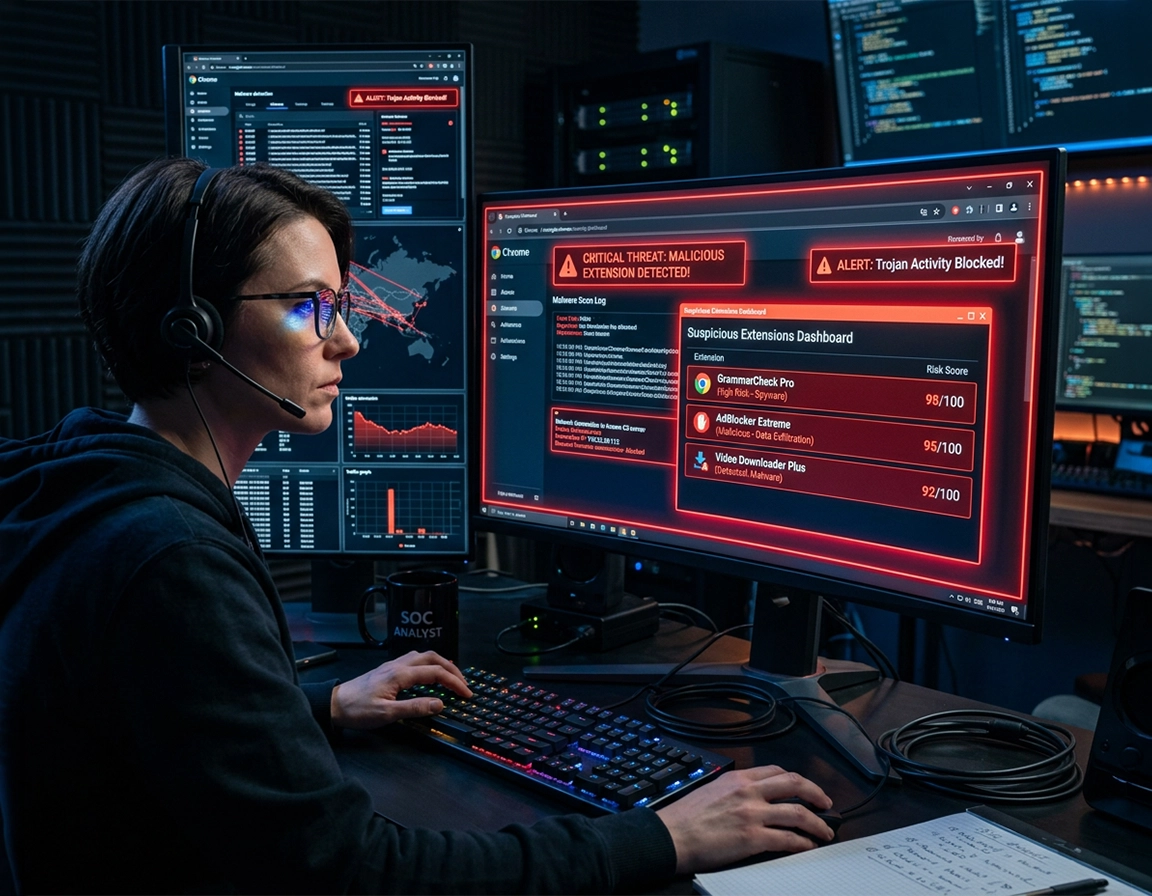 Chrome security dashboard illustration with Safe Browsing alerts, suspicious extension permissions, download warnings, and browser threat indicators in a purple ChromeThemer style.