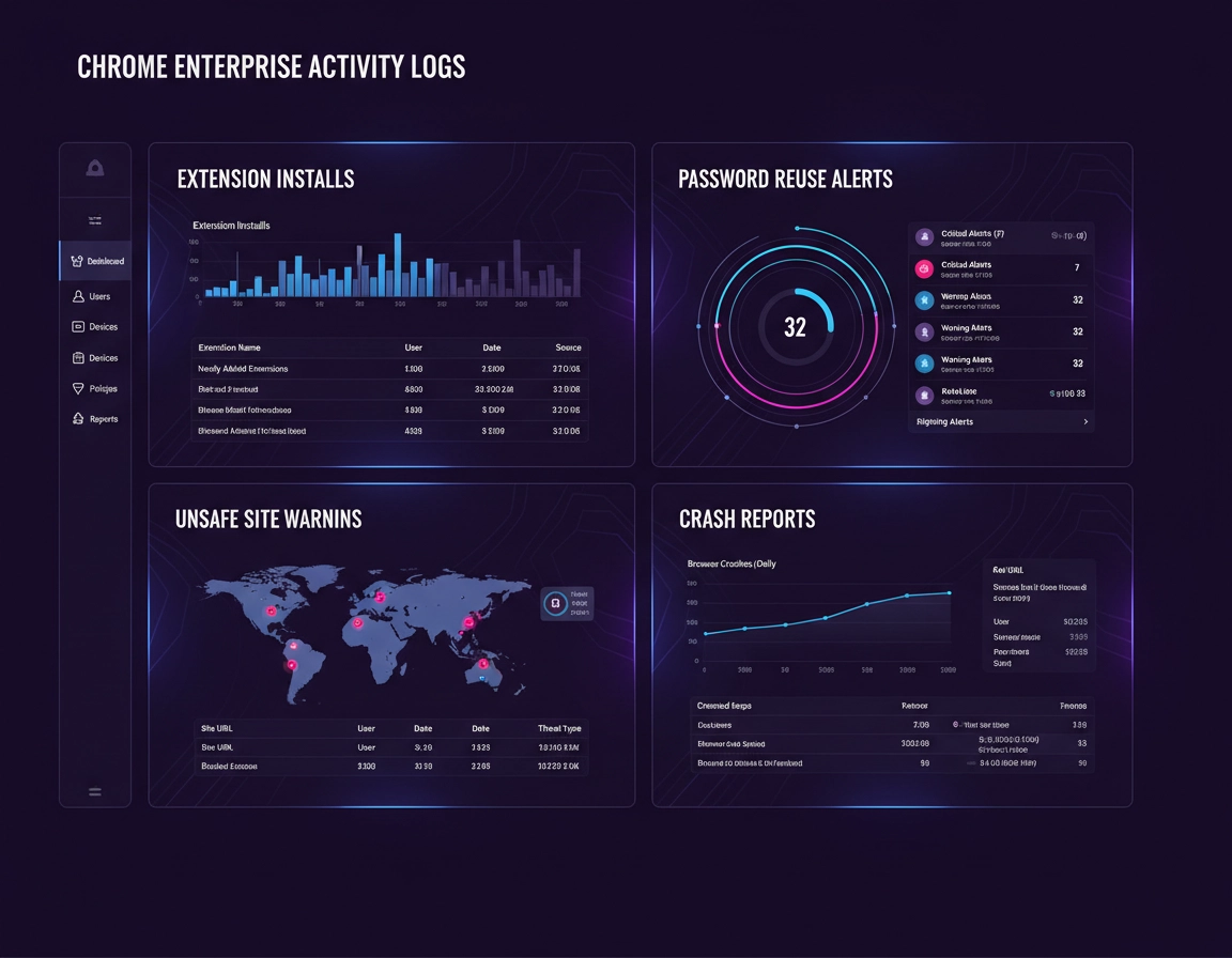 Chrome Enterprise admin reporting dashboard illustration with event timelines, extension activity, browser telemetry, audit filters, and security investigation panels in a purple ChromeThemer style.