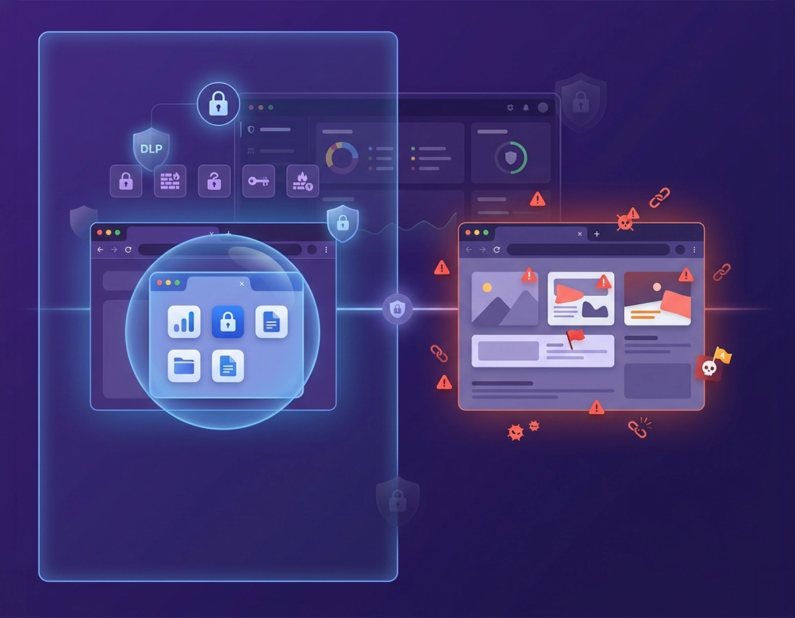 Illustration of a managed Chrome Enterprise browser divided into isolated work contexts, secured origins, policy controls, and enterprise data boundaries in a ChromeThemer purple style.