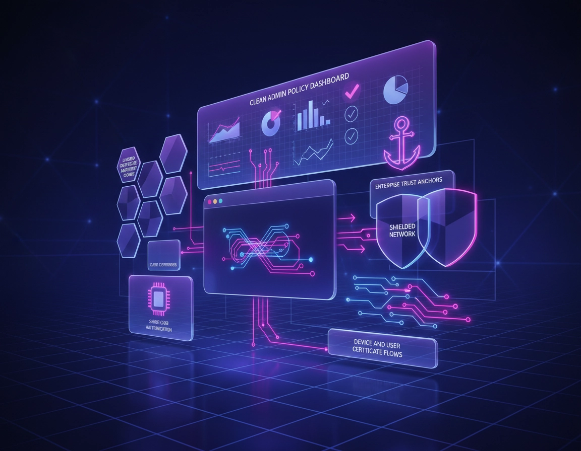 Enterprise certificate management illustration showing trusted certificate authorities, client certificates, smart cards, Chrome policy controls, and secure authentication workflows in a purple ChromeThemer style.