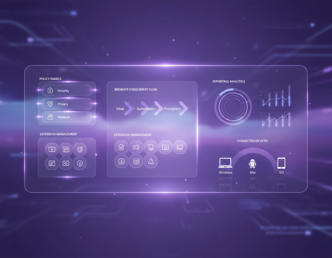 Illustration of a managed Chrome browser environment with cloud policies, enrollment workflow, browser reporting, and extension controls in a clean purple enterprise dashboard style.