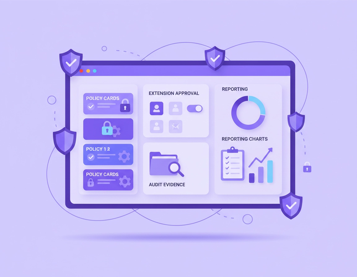 Chrome Enterprise compliance illustration showing browser policies, managed profiles, extension governance, audit evidence, and reporting controls in a professional purple ChromeThemer style.