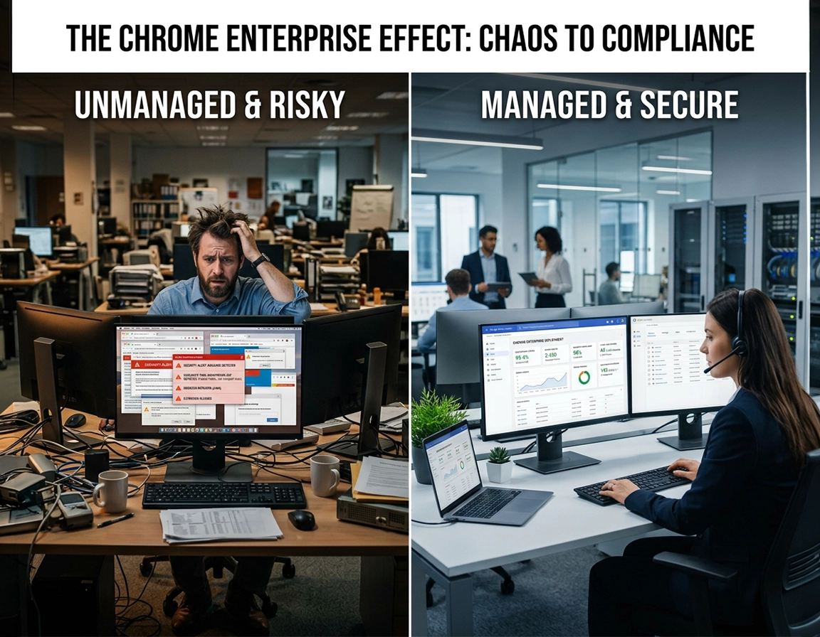 Enterprise browser procurement illustration with an IT admin, security dashboard, stakeholder checklist, and Chrome Enterprise contact workflow in a polished purple ChromeThemer style.