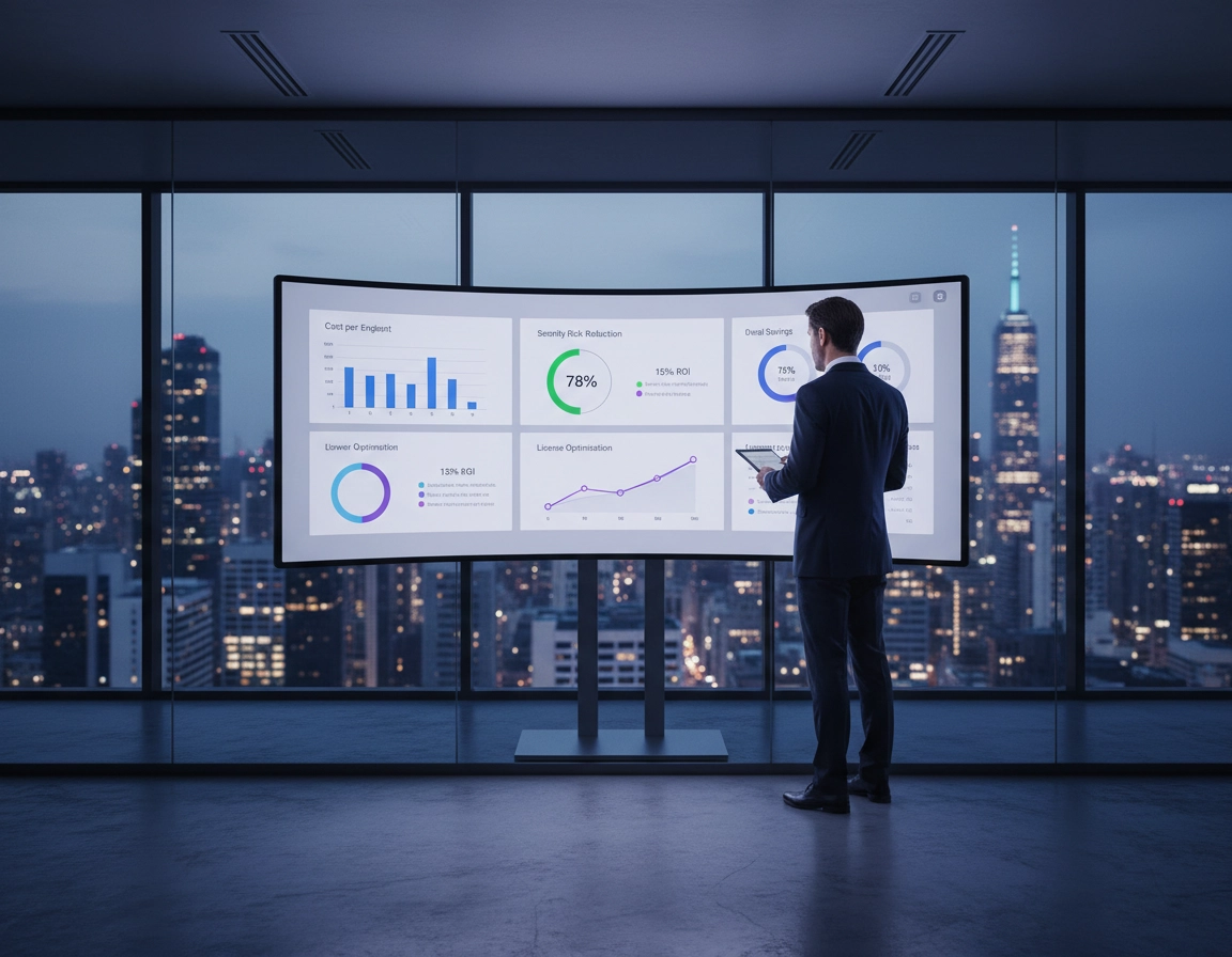 Illustration of an enterprise browser cost dashboard with browser deployment, policy management, security layers, reporting, and procurement metrics in a purple ChromeThemer style.