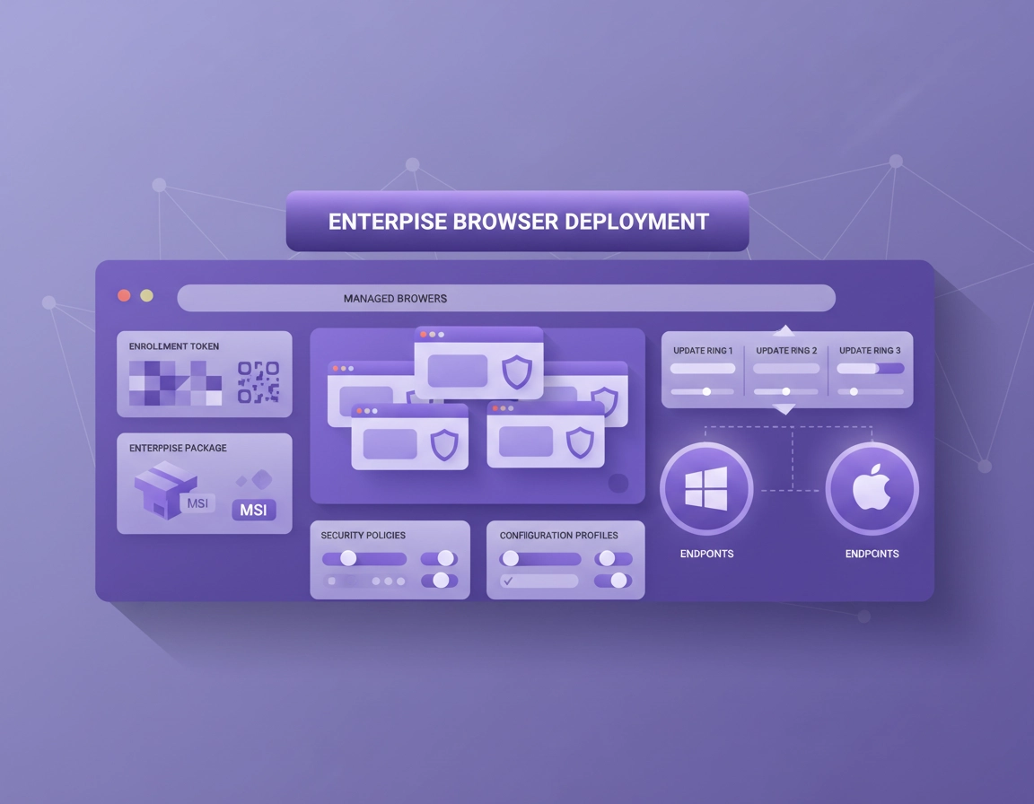 Illustration of Chrome Enterprise deployment showing browser rollout, policy assignment, cloud-managed enrollment, update rings, and enterprise admin controls in a clean purple ChromeThemer style.