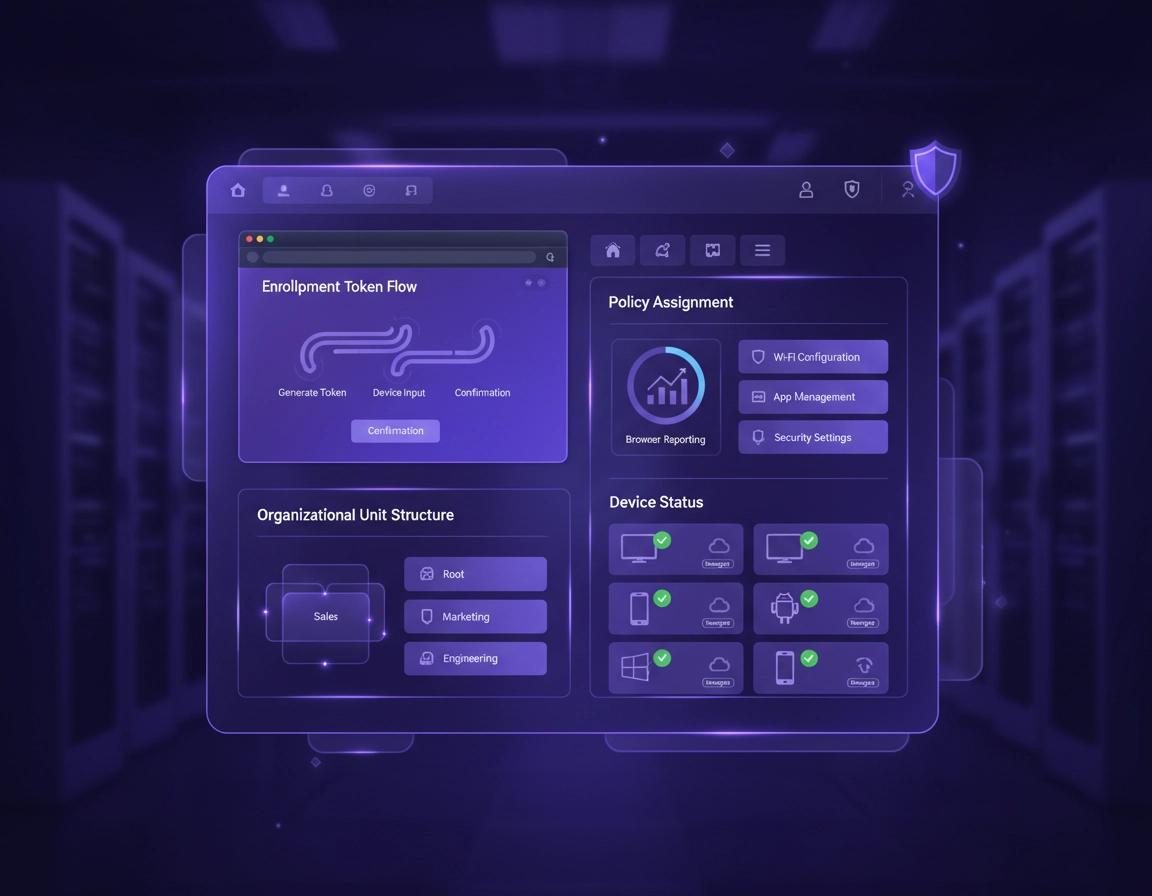Chrome Enterprise device enrollment illustration showing managed Chrome browsers, enrollment tokens, admin controls, browser reporting, and enterprise rollout workflow in a purple dashboard style.