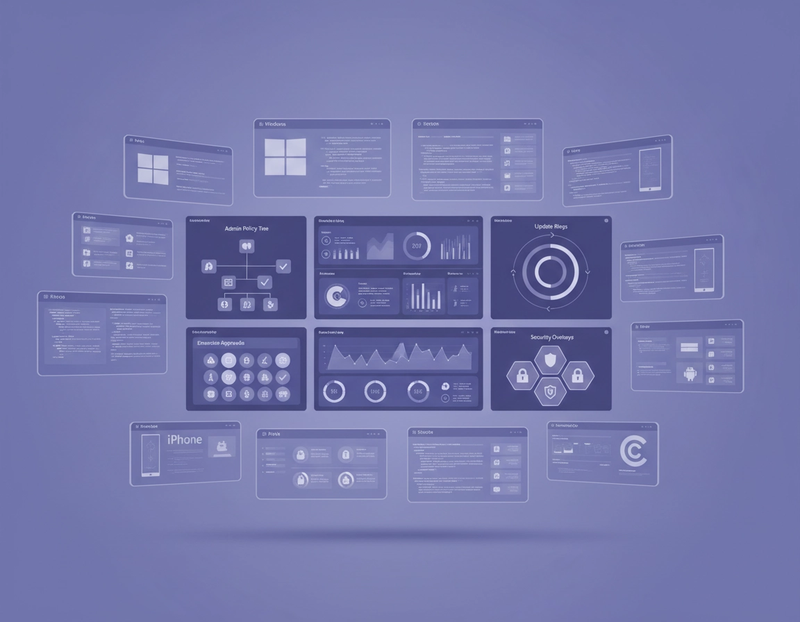 Enterprise device management illustration showing managed Chrome browsers, ChromeOS devices, policy groups, extensions, update rings, and reporting dashboards in a ChromeThemer purple style.
