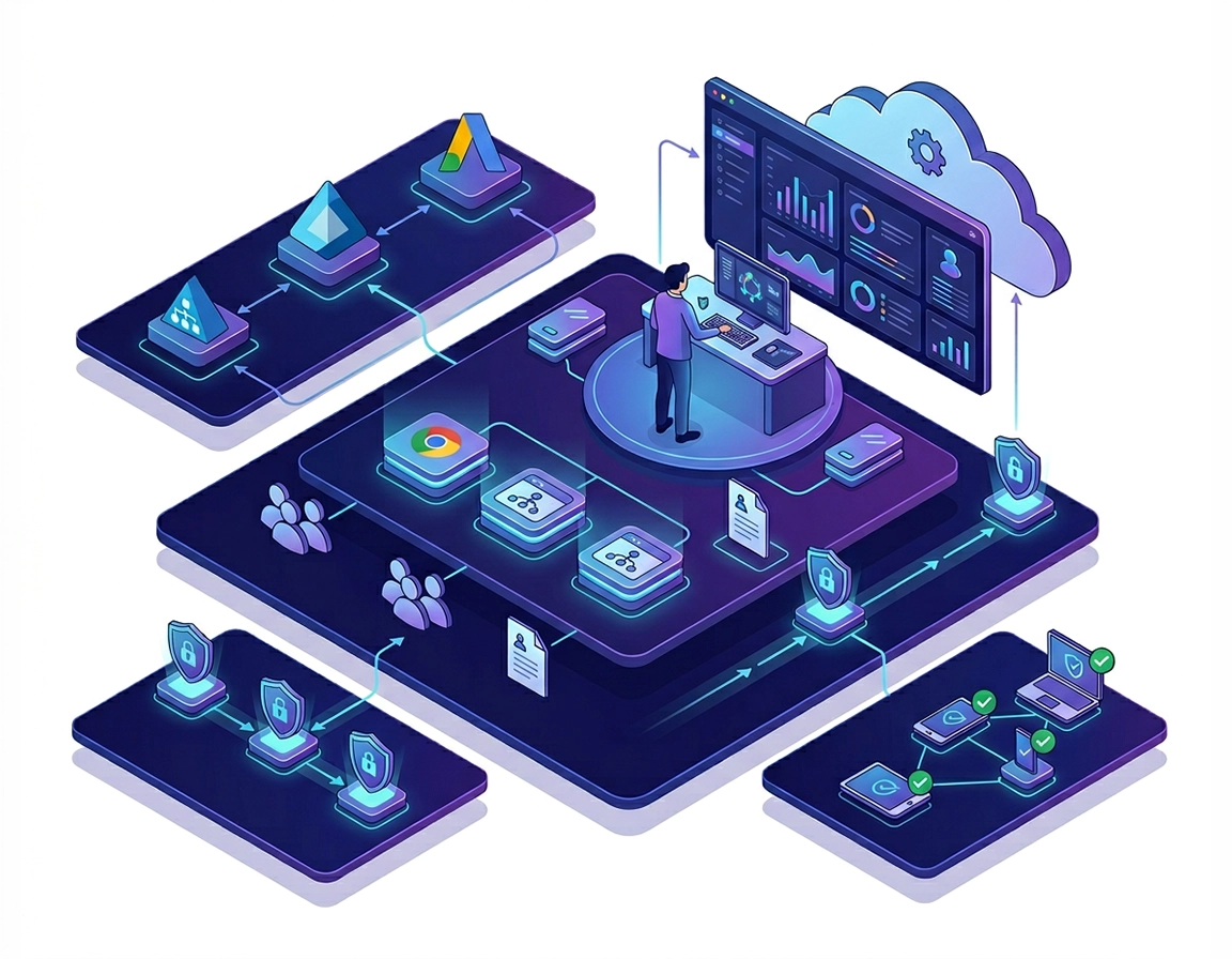 Illustration of Chrome Enterprise directory integration showing identity provider connection, user and group sync, managed Chrome profiles, and enterprise policy controls in a purple ChromeThemer style.