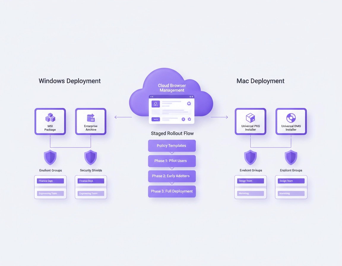 Illustration of Chrome Enterprise deployment options for Windows and Mac including MSI, bundle, PKG, DMG, policy templates, cloud management, and staged rollout planning.