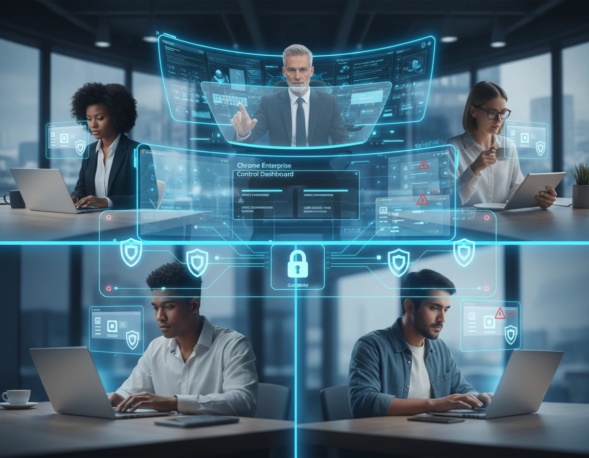 Chrome Enterprise contractor access illustration with a managed browser profile, admin policy controls, extension governance, and secure access indicators in a clean purple ChromeThemer style.
