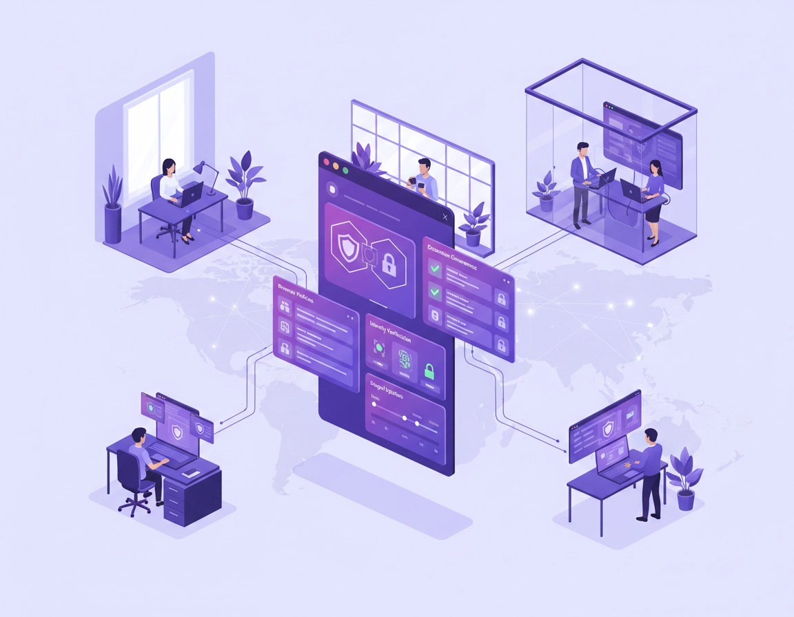 Illustration of Chrome Enterprise browser management for distributed teams with remote laptops, admin dashboard panels, policy controls, extension governance, update waves, and identity checkpoints in a premium ChromeThemer purple style.
