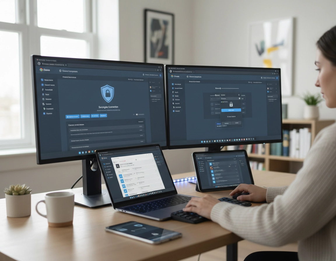 Chrome Enterprise illustration for freelancers showing client profiles, managed browsers, extension controls, reporting, update management, and secure solo browser workflows in a purple ChromeThemer style.