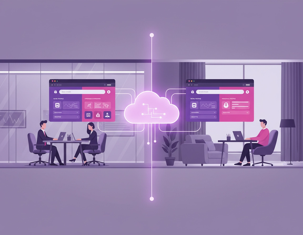 Chrome Enterprise hybrid work illustration showing cloud-managed browsers, remote employees, office and home workstations, approved extensions, reporting dashboards, and profile separation.