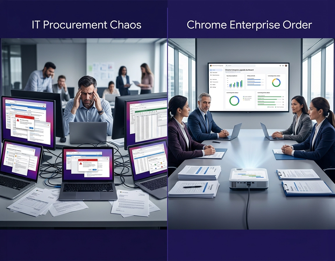 Enterprise browser procurement illustration showing approval workflow, managed browser controls, licensing review, security policy checks, and rollout planning in a clean purple ChromeThemer style.