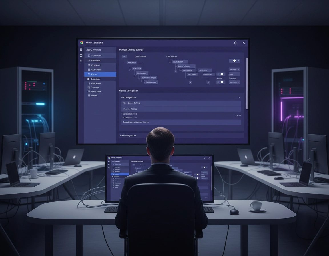 Chrome enterprise policy illustration showing Windows Group Policy, Chrome browser settings, organizational units, Active Directory, and managed device controls in a purple ChromeThemer style.