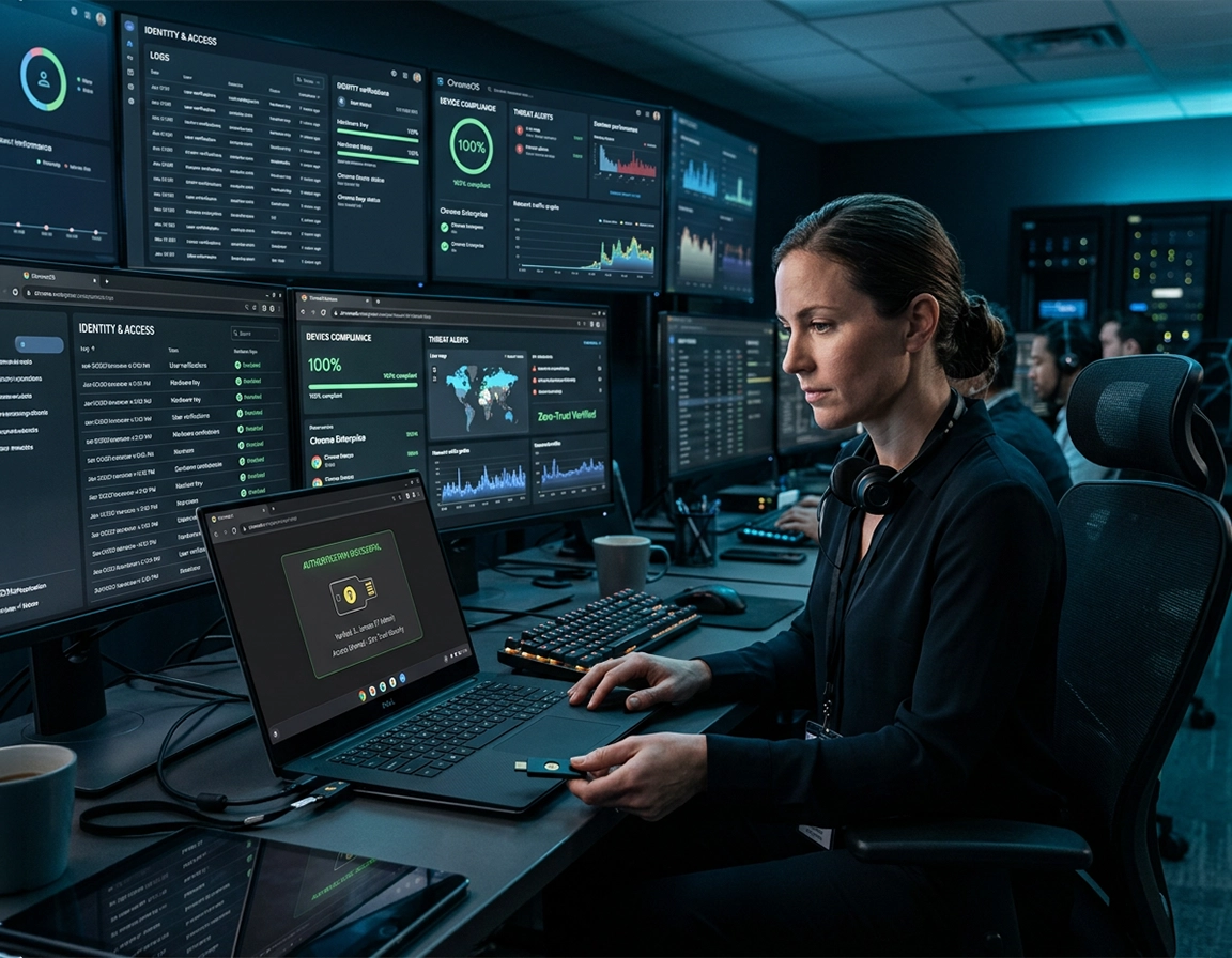 Enterprise Chrome security illustration showing a managed browser dashboard, FIDO2 hardware security key, verification prompt, admin policies, and identity controls in a purple ChromeThemer style.