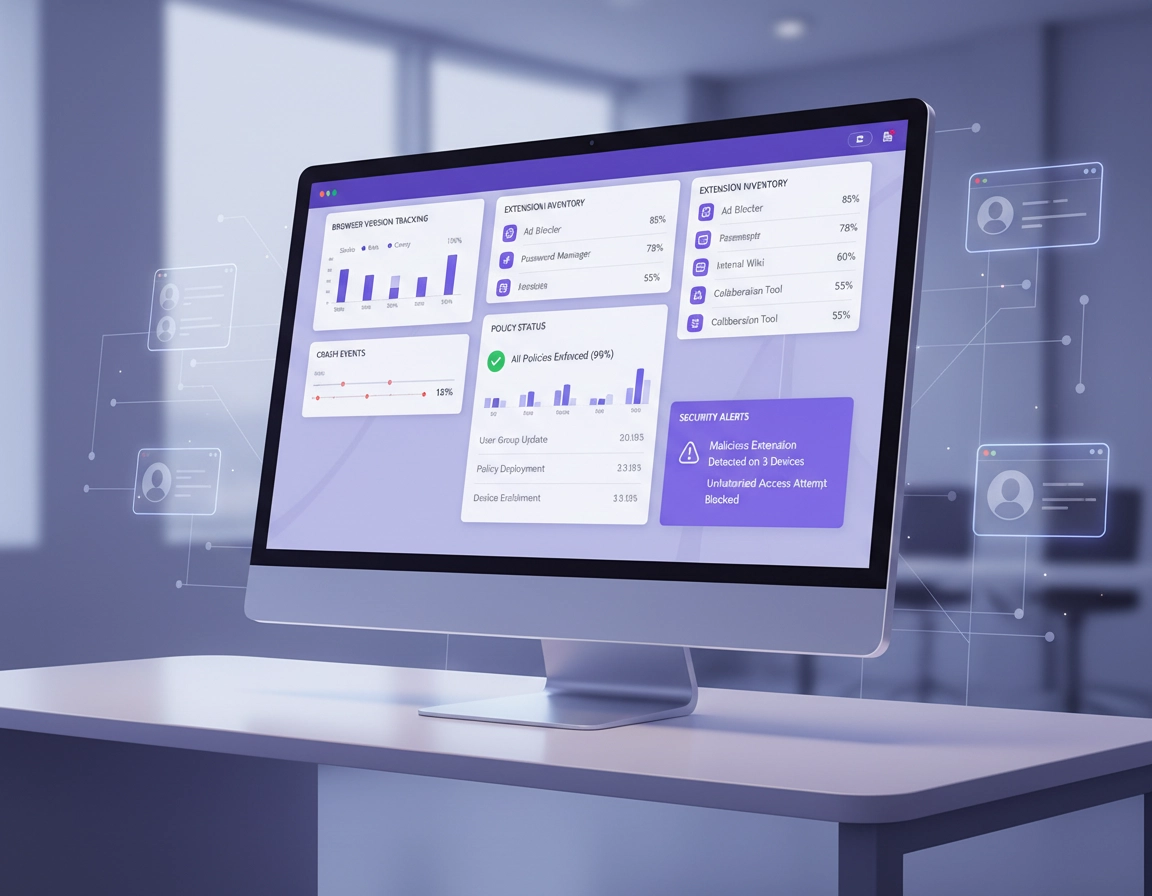 Chrome Enterprise monitoring dashboard showing browser telemetry, policy status, extension inventory and device health across managed deployments