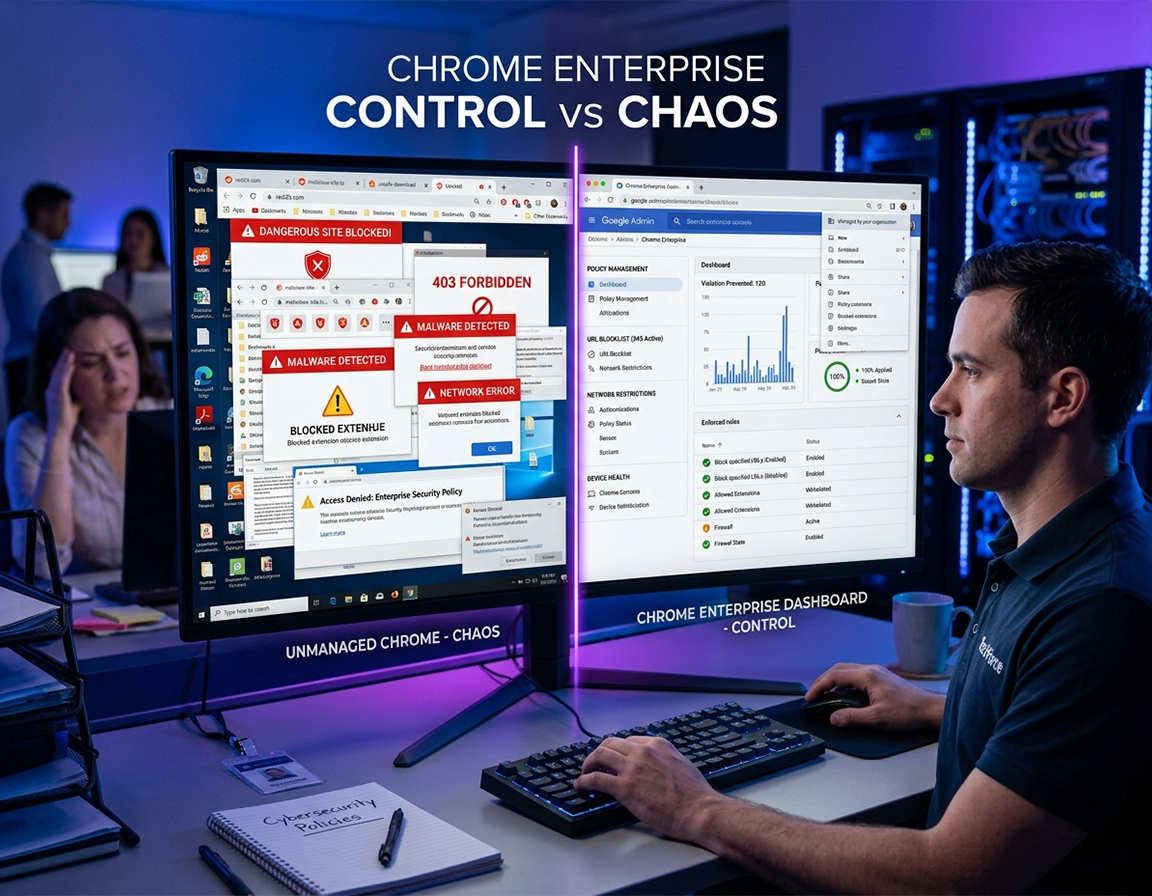 Illustration of managed Chrome network controls showing URL policies, proxy routing, Secure DNS decisions, and private network access restrictions on an enterprise dashboard.